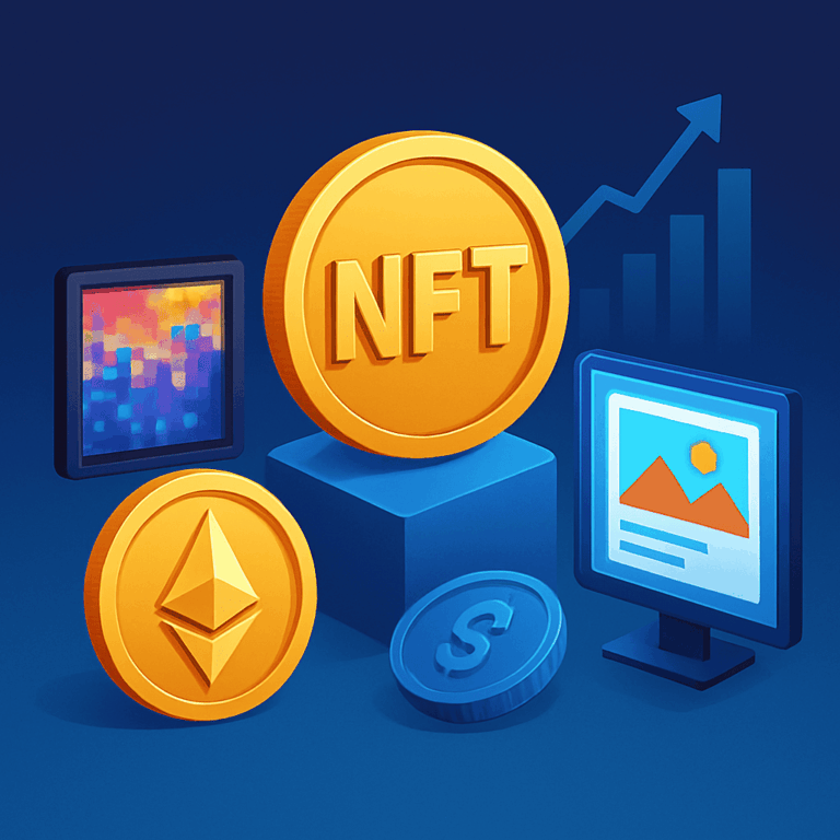 NFT 코인, 디지털 아트, 암호화폐 플랫폼이 결합된 일러스트 이미지