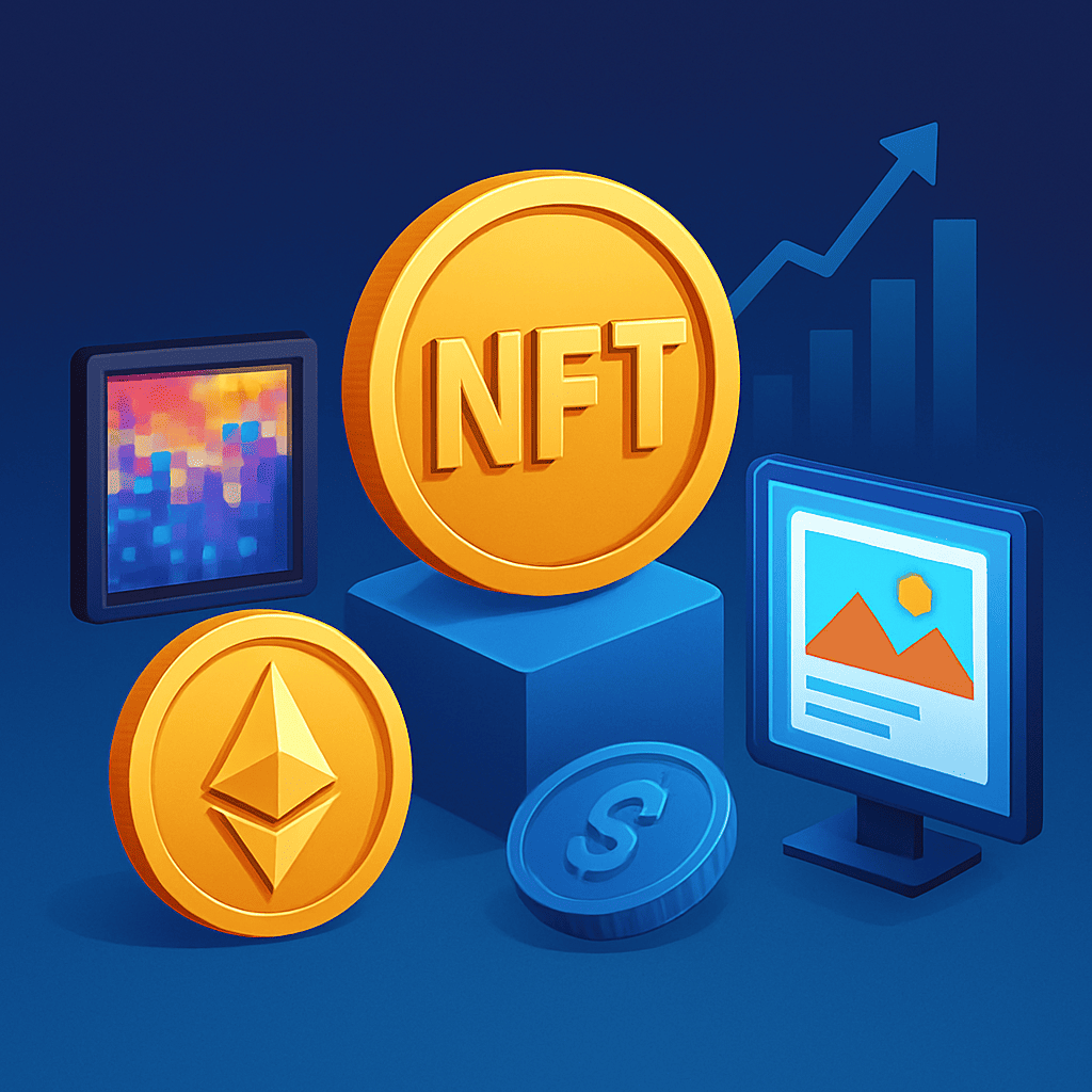NFT 코인, 디지털 아트, 암호화폐 플랫폼이 결합된 일러스트 이미지