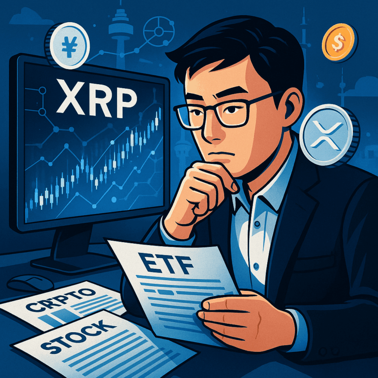 리플코인(XRP)에 투자하는 한국 투자자의 모습을 묘사한 디지털 일러스트