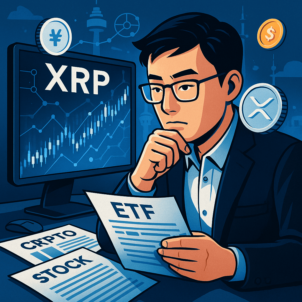 리플코인(XRP)에 투자하는 한국 투자자의 모습을 묘사한 디지털 일러스트