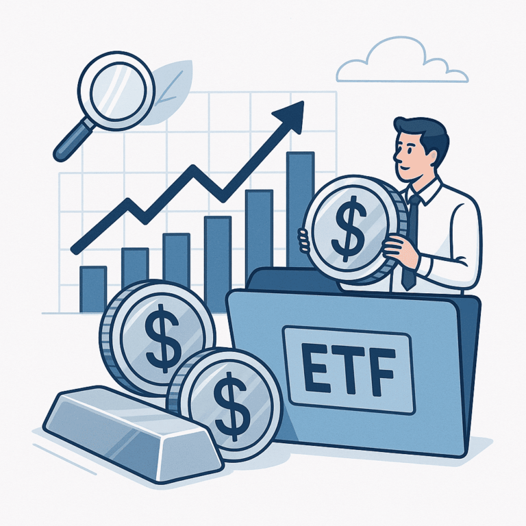 은 ETF 투자 개념을 설명하는 일러스트: 실버바, 달러코인, ETF 폴더, 상승 그래프와 정장을 입은 남성